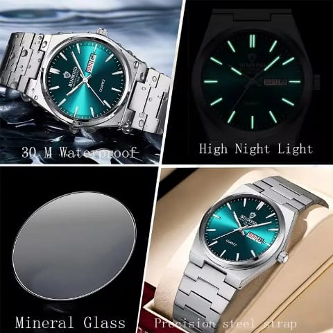BINBOND B102 102 Luxury Men Quartz Watches Original Watch Waterproof Luminous Date Week Stainless Steel Wristwatch for Man Male