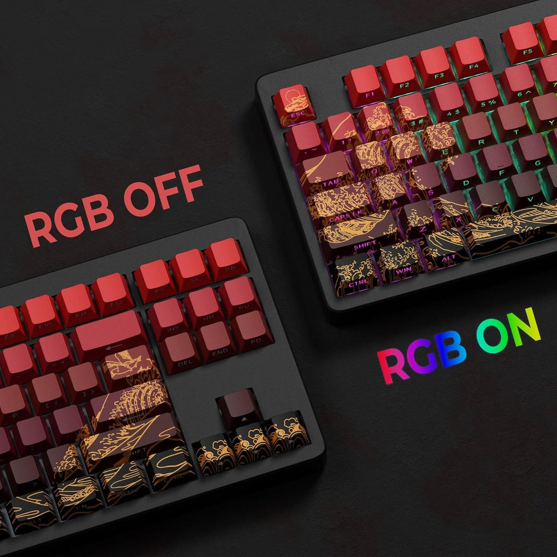 XVX Shine Through Keycaps - PBT Dye Sub Keycap Set, Side Print Keycaps, 129 Keys Cherry Profile Custom Keycaps, Wave of Kanagawa Double Shot Key caps for for Mechanical Keyboards, Red